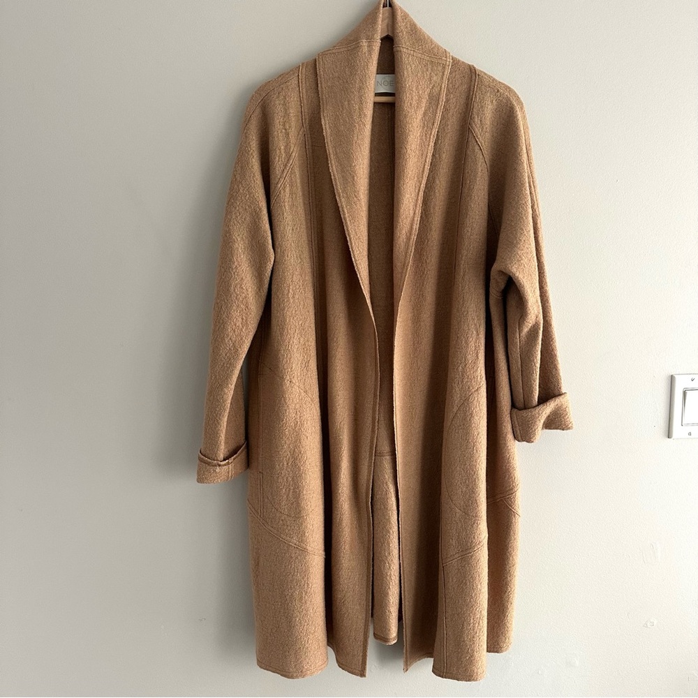 NOEN Danish Wool and Viscose Shawl Collar Long Cardigan in Camel Womens Size 10